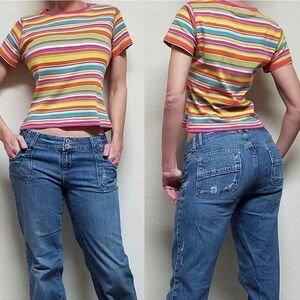 𝅺VINTAGE 90s Y2K Sag Harbor Rainbow Striped Short Sleeve Cropped Tee T-shirt S